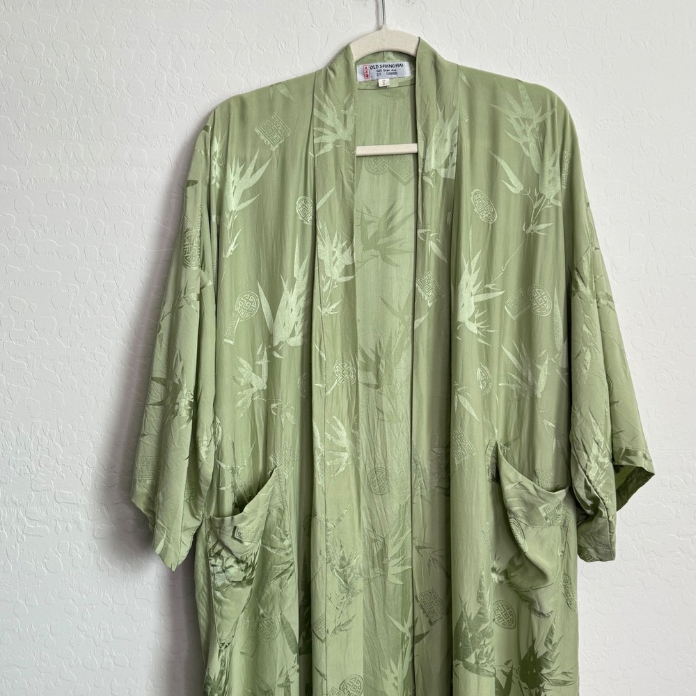 Old Shanghai Womens 100% Silk Kimono Robe OS Green Good Bamboo Jacquard Long - Picture 2 of 13